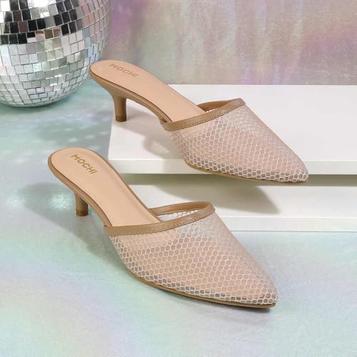 Image of Mochi Women's Mesh Leather Kitten Heel Fashion Slip-on Mules