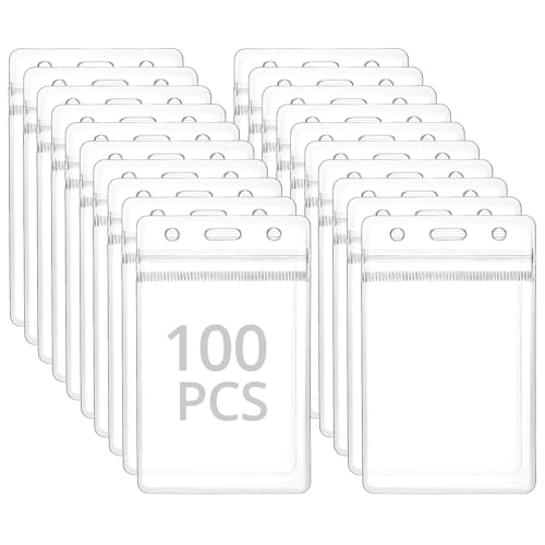 QWORK® Paquete de 100 Tarjeteros Verticales para Cordón, 115x70 mm Funda de Tarjeta de Identificación Transparente para Tamaño de Tarjeta 90x60 mm