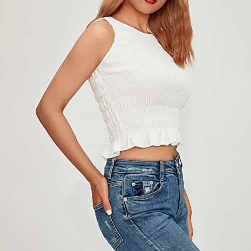 Women Shirred Tank Top Ruffle Sleeveless Tanks Frill Smocked Halter Cami Tops Summer Streetwear4