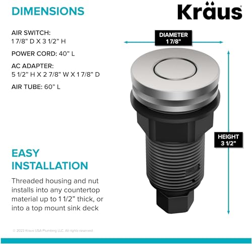Image of KRAUS Garbage Disposal Air Switch Kit with 2 Flat-Top Push Buttons in Spot-Free Stainless Steel and Matte Black, AC Adapter, Power Cord, and Air Tube Included, KWDA-200MB