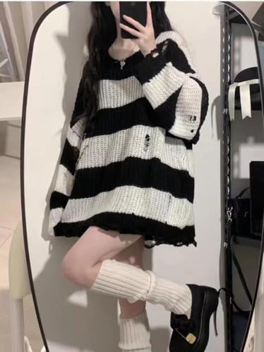 Y2K Pink Striped Sweaters Women Harajuku Vintage Black Knitted Jumper Grunge Sexy Hole Hollow Out Loose All-Match Tops4