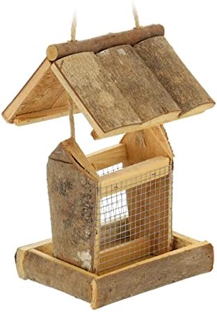 Relaxdays Bird Feeder House, Hanging Feeding Station, HxWxD 17.5 x 14.5 x 11.5 cm, Wooden Birdhouse, Natural