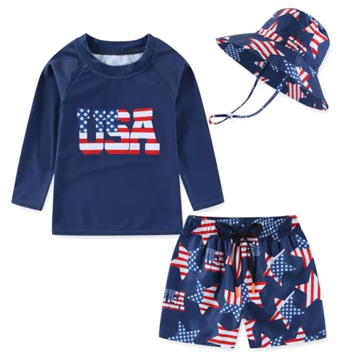 Toddlers Baby Boys' 3-Piece Rashguard Set Kids Bathing Suit Set with Hat UPF 50+ (US, Age, 3 Years, 4 Years, USA Flag)