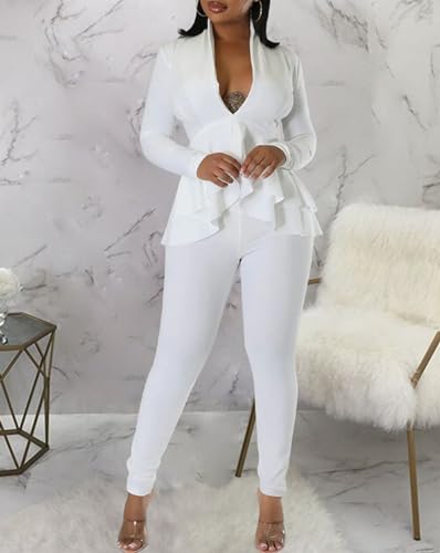Salimdy Sexy 2 Piece Outfits for Women Long Sleeve Solid Blazer with Pants Casual Elegant Business Suit Sets White 2XL