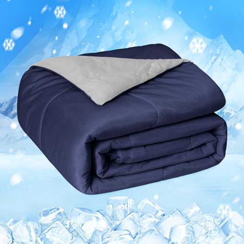 Image of HOMFINE Cooling Comforter Japanese Double-Sided Cold Tech Fabric Cooling Blanket for Night Sweats Hot Sleepers, Q-Max 0.45 Soft Breathable Silky Smooth Lightweight Dark Blue Summer Comforter King