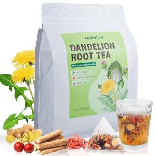 Image of ZenHerbaw Dandelion Root Tea Bags, Smooth Caffeine-Free Herbal Tea with Dandelion Root & Leaf, Burdock Root, Ginger, Goji Berry & Stevia, 30 Pyramid Tea Bags