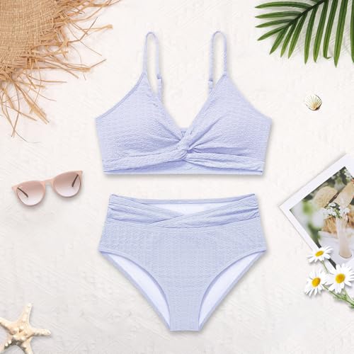 Image of Girls Swimsuit Solid Bathing Suit 2 Piece Twist Cross Adjustable Straps Soft Lining Bikini for Teen Girls with Chest Pad