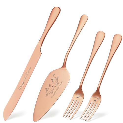 Wedding Cake Knife and Server Set, Rose Gold Cake Cutting Set for Wedding, 4 Pieces Set with Forks for Engagements, Anniversaries, Bride and Groom