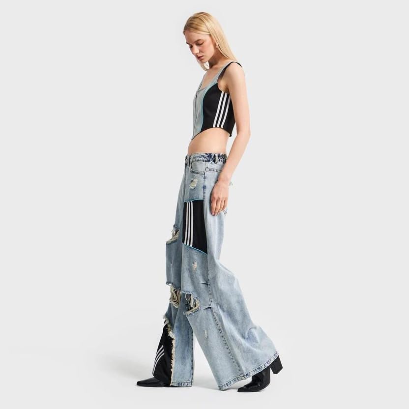 Molilove Women's High Rise Jeans Patchwork Ripped Jeans Baggy Y2k Straight Wide Leg Jeans Flare Casual Denim Pants2