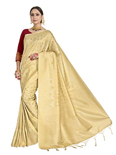 Vardha Sarees for Women's Banarasi Raw Silk | Ethnic Indian Diwali Woven Saree Gift Sari with Non Stitched Blouse Beige