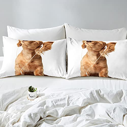 Kawaii Dog Comforter Cover Set, Twin For Kids Boys Yellow Puppy Dog Bedding Set, For Girls Women Kawaii Room Decor, 3D Cute Animal Duvet Cover Teens Dog Listening Music Pattern Bedspread Cover #TOP4