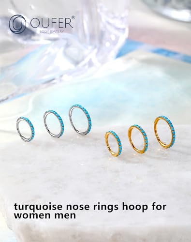 OUFER Turquoise Nose Rings Hoop for Women Men, 316L Surgical Steel 20G Nose Piercing Jewelry, Hinged Segment Septum Lip Rings Cartilage Conch Rook Helix Tragus Daith Earrings-6MM2