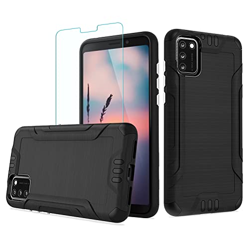Tjs Compatible With Tcl A3X A600Dl 6.0" (X Version Only) Case, With Tempered Glass Screen Protector Magnetic Support Hybrid Shockproof Metallic Brush Finish Hard Inner Layer Phone Case (Black) #TOP11