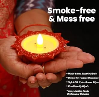 BONZELLA 8 Pcs Water Sensor Diya Lights, Flameless & Smokeless Electric LED Diyas Lamps Warm Ambient Tealight Candle for Home Decor, New Year, Diwali Festival Decoration, Christmas (Pack of 8)