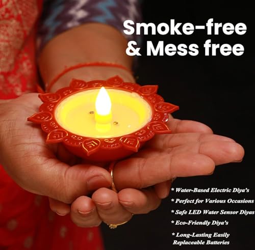 BONZELLA 16 Pcs Water Sensor Diya Lights Flameless & Smokeless Electric LED Diyas Warm Ambient Tealight Candles for Home Mandir Decoration, Diwali Deepam Festival, Christmas New Year (Pack of 16)