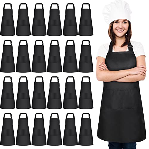 JaGely 24 Pack Adjustable Bib Apron with 2 Pockets Black Aprons Bulk for Server Adult Women Kitchen Apron Water Oil Resistant(Black)