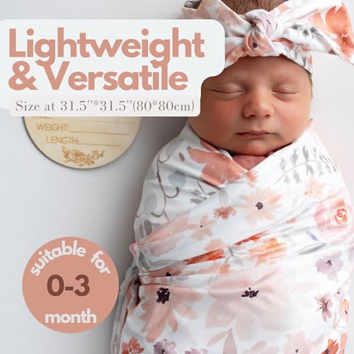 Image of Newborn Baby Girl Receiving Blanket Swaddle Blanket Stretchy Knit Swaddle Set with Matching Headband and Beanie (Orange)