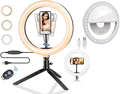 Ringlight 10.2 Dimmable 7 Adjustable Desk Tripod 6 Ft Long USB Cord with Control Panel Cellphone Holder Bluetooth Remote Shutter with Portable 3.5 Mini Selfie LED Ring Light Free