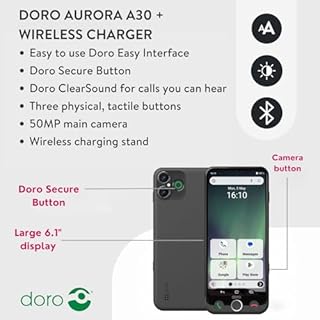 Doro - Aurora A30 Smartphone - Senior Mobile Phone - Easy to Use - Assistance Button with GPS Location - Hearing Aid Compatible - Wireless Charging Stand Included - Graphite