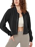 ODODOS Modal Soft Full-Zip Bomber Jacket for Women Long Sleeve Casual Fall Outfit Crop Top with Pockets, Black, X-Small
