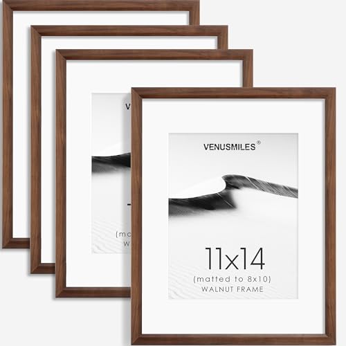Venusmiles 11x14 Picture Frame Set of 4 Natural Solid Walnut Photo Frames with 8x10 Removable Mat Wall Hanging Large Handcrafted Frame with HD Plexiglass Wall and Tabletop Display Large Poster Frame