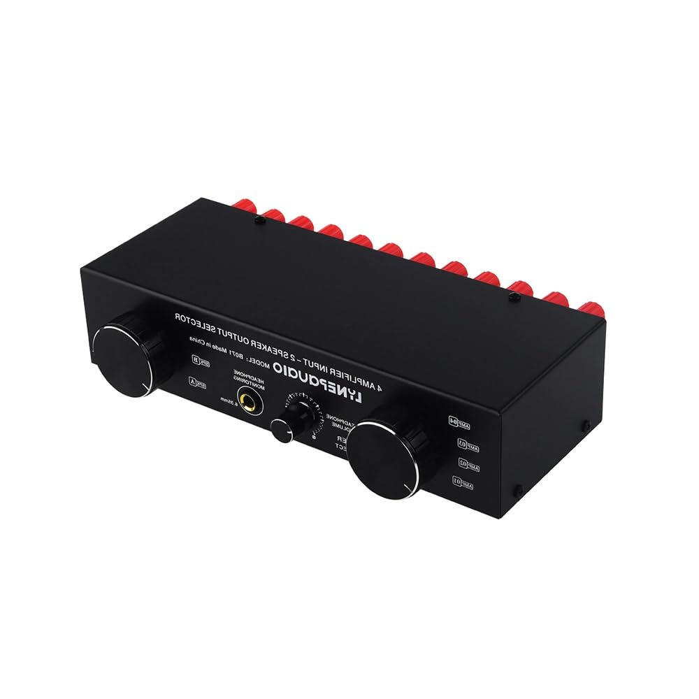 POENVFPO Lautsprecher-Wahlschalter, 4 Eingänge, 2 Ausgänge oder 2 Eingänge, 4 Ausgänge, Verstärker-Umschalter, 300 W Pro Kanal mit Metallgehäuse für Stereo-Kopfhörerausgang