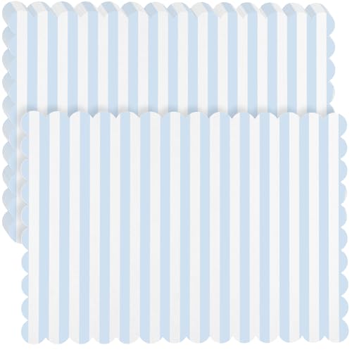 Tinlade 100 Pcs Blue Striped Paper Placemats Summer Coastal Scalloped Dusty Blue and White Placemats Disposable Square Striped Place Mats for Wedding Bridal Shower Beach Party Home Table Kitchen Decor