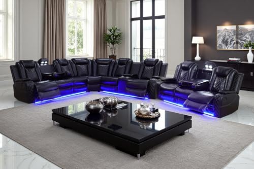 Image of Power Recliner Sectional Sofa Couches with LED Lights for Living Room, Black Leather Wall Hugger Reclining Corner Couch Sets with 4 Home Theater Seat, USB Port, Cup Holder, Storage Console