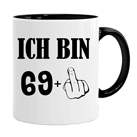 Taza de cumpleaños con texto divertido y gato con Stinkefinger – Ich Bin 69+ – Taza como regalo divertido / Regalos divertidos y originales / Taza de café con caja de regalo