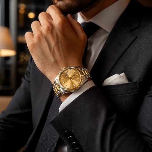 Image of Men's Analog Watch with Gold Sunray Dial, Fluted Bezel, Stainless Steel Two Tone Strap, Date Display & Quartz Movement