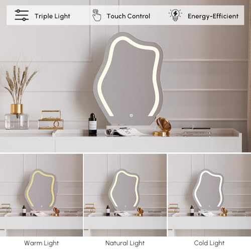 Image of homary Makeup Vanity Desk with LED Mirror & Charging Station, Vanity Table with Tempered Glass Top, 6 Drawers Storage, 3 Color Lighting Modes, Vanity Desk with Chair for Bedroom (White)
