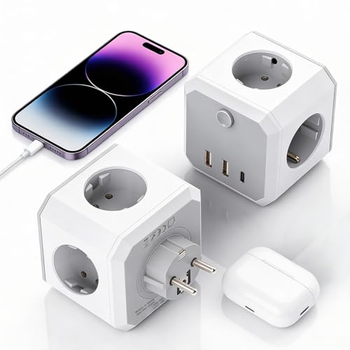 Steckdosenwürfel ohne Kabel: 4 AC-Steckdosen + 3 USB (1 USB-C & 2 USB-A) mit Schnellladung, Kindersicherung, Hauptschalter & Überspannungsschutz – Kompakter Mehrfachstecker für Zuhause, Büro