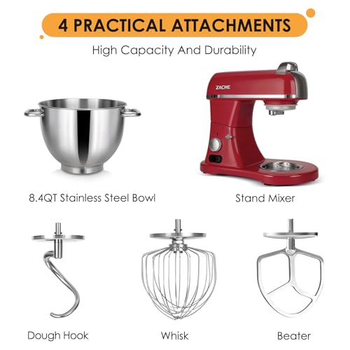 Image of ZACME 8.4QT Commercial Stand Mixer 800W with Aluminum Die Casting Meets the Standard of NSF /ANSI 8-2023, Mixers Kitchen Electric Stand Mixer with Stainless Steel 8L Bowl, Dough Hook, Whisk and Beater