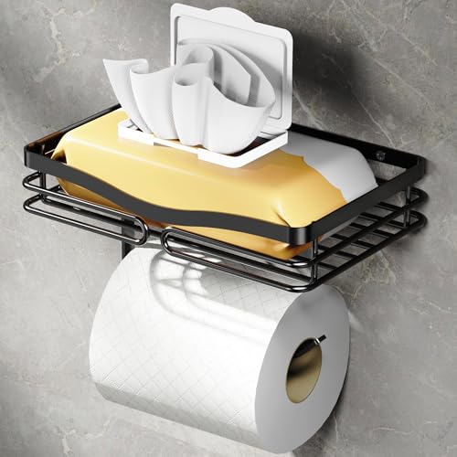 YIGII Toilet Paper Holder with Shelf Adhesive or Drilling Tissue Roll Holder for Bathroom Rustproof Toilet Roll Holder Wall Mounted for Phone Wipe Storage (Matte Black)
