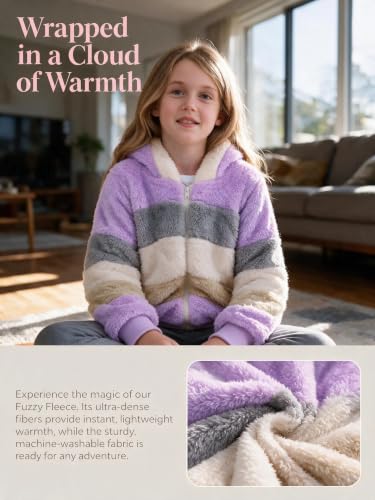 Image of Girls Fleece Jackets Kids Sherpa Fuzzy Zip up Hoodie Fall Winter Contrast color Pullover Sweatshirt 4-12 Years