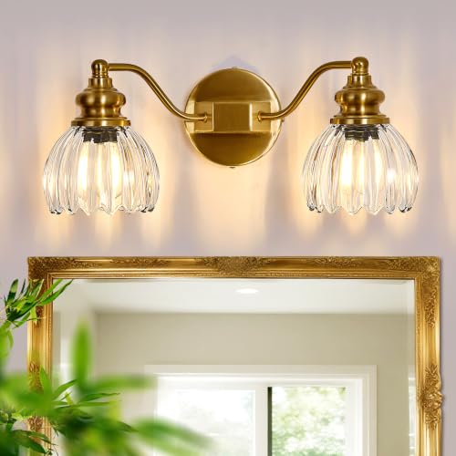 Image of Piepooye Vintage Bathroom Lights Fixtures 2 Lights Gold Vanity Light with Glass LampShade E26 Bulb Indoor Vanity Light Over Mirror for Bedroom Living Room Farmhouse Kitchen