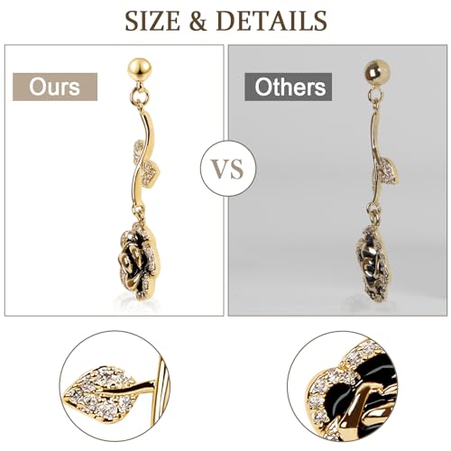 Black Rose Flower Dangle Earrings for Women, Copper plated in Gold with Sparkling Cubic Zirconia,S925 Sterling Silver post, lightweight fashionably Versatile drop earrings3