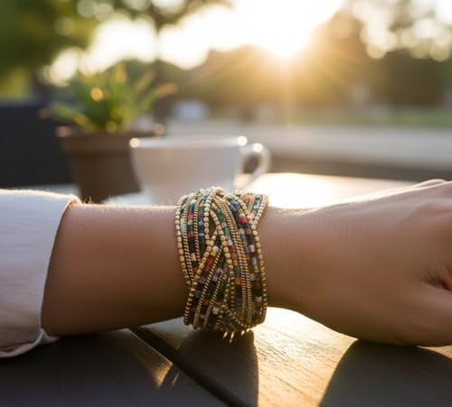 Image of Touchstone Indian Colorful Bead Bracelet Bollywood Beaten Metal Beads Openable Broad Cuff Bracelet in Gold or White Tone for Women.