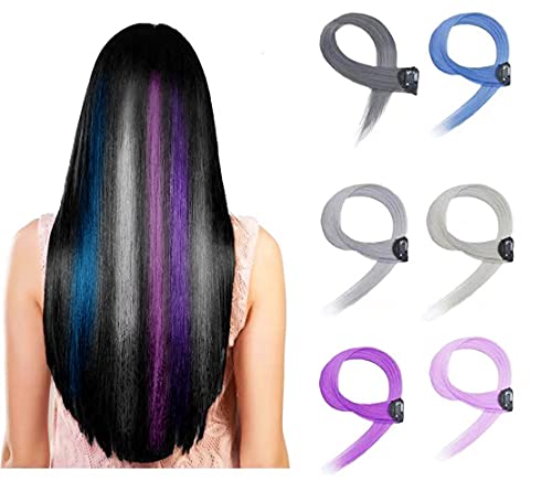 SOQKEEN Farbige Haarverlängerungen zum Einclipsen, 60cm, 120g, 6 Stück bunte Regenbogen-Haarverlängerungen mit komfortablem großem festem Clip-in für Frauen und Mädchen (Dunkle Farbe) Cover
