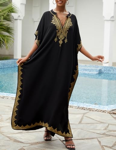 Eddoyee Kaftan Dresses for Women Embroidered Short Sleeve V-Neck Plus Size Caftan Bikini Swimsuit Cover-Up Long Beach Dress3