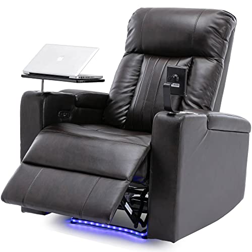 NCKMYB Premium Power Recliner with Storage Arms, Cupholders, Swivel Tray Table and Cell Phone Stand, Brown Armchair for Livingroom PU Leather