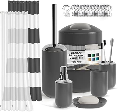 Clara Clark Grey Bathroom Accessory Set | Complete Bath Collection | Modern Design | Shower Curtain Included | 20 Pieces, Pack of 8
