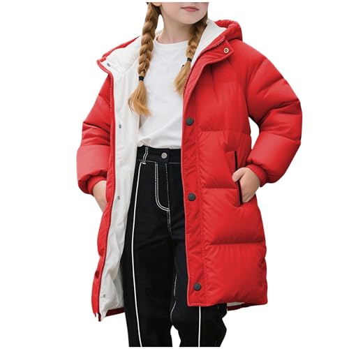 Slxbear Puffer Jacket Kids Windproof Warmwinter Coat Heavyweight Hooded Girls Solid Quilted Padded Down Jackets with Pockets Softshell Jackets Solid Color Cosy Outwear Watermelon Red 10-11 Years
