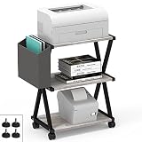 VEDECASA Greige Mobile Printer Stand 3 Tier Wood Shelf Metal Frame Printer Cart with Storage Bag for