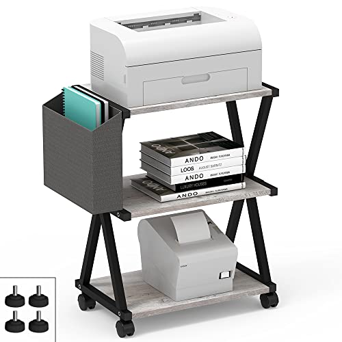 Vedecasa Greige Mobile Printer Stand 3 Tier Wood Shelf Metal Frame Printer Cart With Storage Bag For Home Office Modern Under Desk Table Side Printer Cart With Rolling Caster Wheel #TOP16