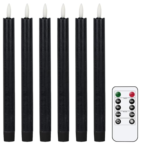 Image of GenSwin Flameless Black Taper Candles Flickering with 10-Key Remote, Battery Operated Led Warm 3D Wick Light Window Candles Real Wax Pack of 6, Christmas Home Wedding Decor(0.78 X 9.64 Inch)