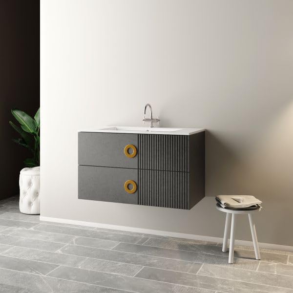 Mobo Mobile bagno sospeso senza specchio Modello Sole, Larghezza 90 cm, con lavabo, chiusura Soft Close, Stone Grey