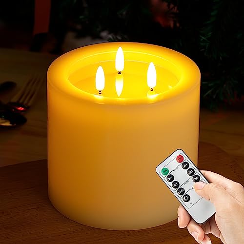 Extra Large 6x6 Flameless Ivory Candles with 3 Wicks, Remote, and Timer - Ideal for Home, Weddings, and Parties
