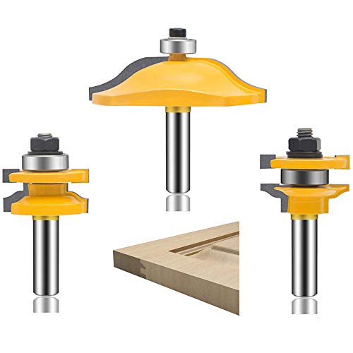 LUBEIN 3 PCS Router Bit Set, 1/2-Inch Shank Round Over Raised Panel Cabinet Door Rail and Stile Router Bits, Woodworking Wood Cutter, Wood Carbide Groove Tongue Milling Tool (AB1-7)