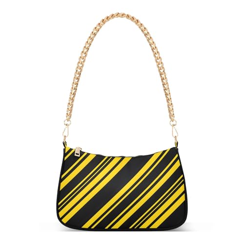 Clutch Tote Handbags with Removable Chains and Zipper Closure Black Yellow Diagonal Striped Shoulder Purse Hobo Handbag for Women